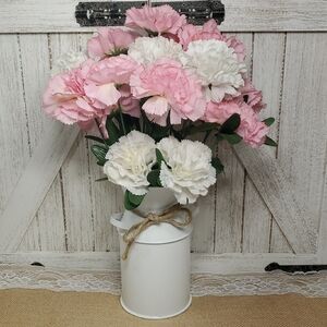 White Metal Milk Can Vase with Floral Arrangement & Rope Bow Farmhouse Country